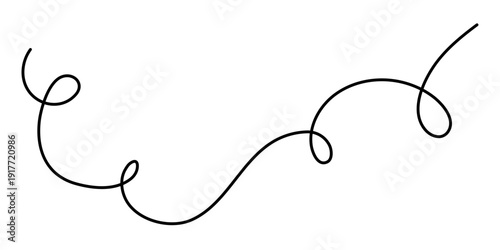 Wavy curly stroke one line art, hand drawn scribbly dividing loop element drawing continuous contour. Twiddle swirl separator curve strip, volutes and tendril design. Isolated. Editable stroke. Vector