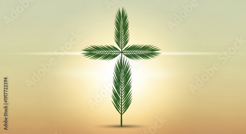 Palm tree cross symbol formed by green leaves on gradient background with sunlight