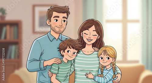 Happy family of four smiling together in a cozy living room with warm lighting and comfortable furniture