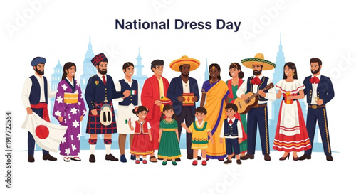 Diverse group of people wearing traditional national dresses from around the world on national dress day