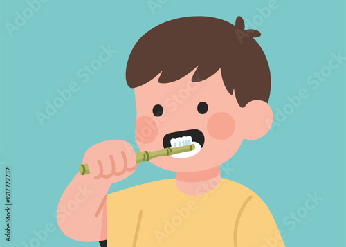 Cartoon Vector of a Little Boy Brushing His Teeth Illustration Artwork Creative Design Template 
