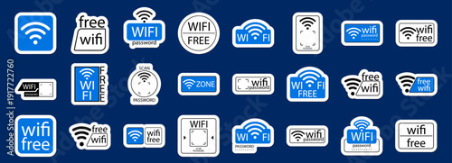 Wifi zone signal and free password vector with cool icon logo. Sticker sign symbol and router wave wlan with fi set round. Signage wifi network and area free public with access password wi-fi