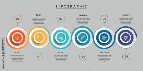 Creative 6 steps spiral process diagram for business success and milestones