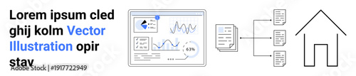 Data analysis, connectivity, technology, information sharing, home networks, remote work. A dashboard with graphs and icons linked to a flowchart ending with a house. Data analysis and connectivity