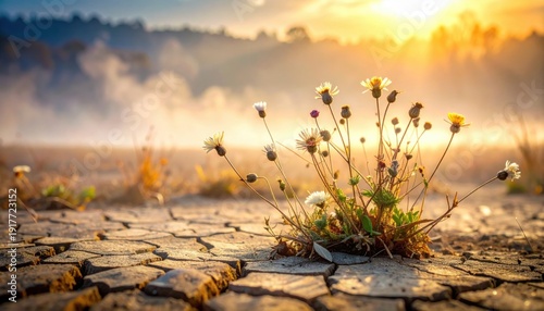 FlyPro Firefly captures faded, brittle wildflowers clinging to life in arid, cracked soil, showcasing high-resolution photographic style and an ethereal morning scene.