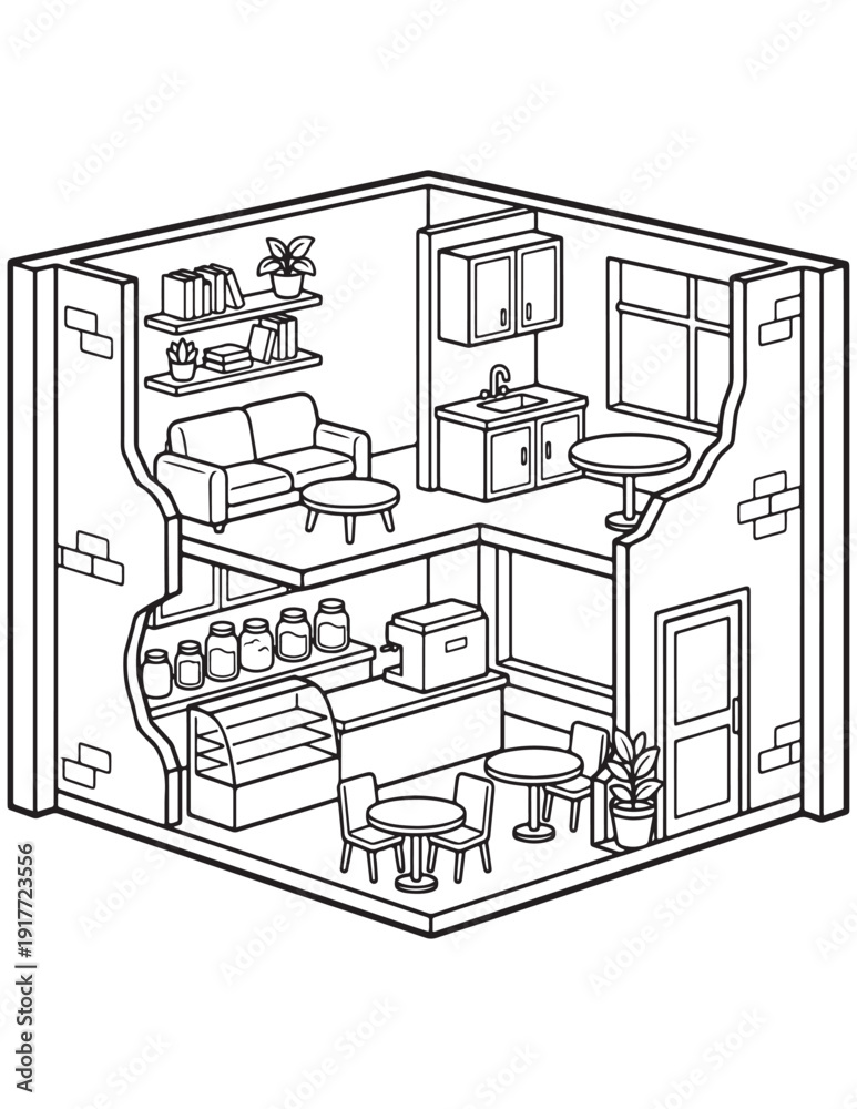 Fototapeta premium Isometric line art of two-story cafe and apartment interior