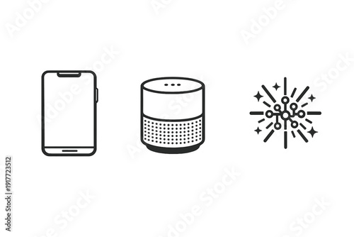 Three white line icons on a black background representing modern technology, including a smartphone, a smart speaker, and a network connectivity symbol with nodes and rays.