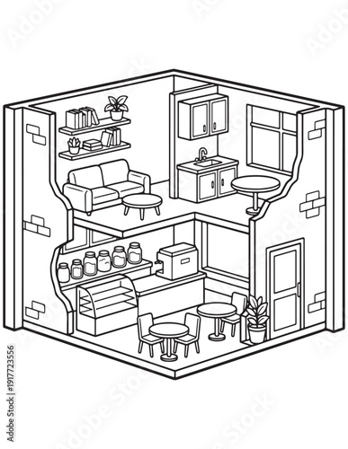 Isometric line art of two-story cafe and apartment interior