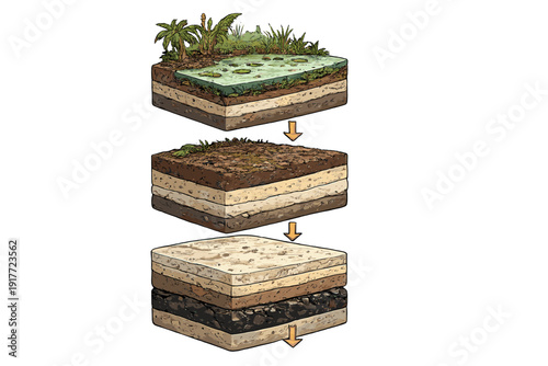 This educational illustration shows the geological process of coal formation through three stages, starting from a swampy environment to deep burial under sedimentary rock layers.
