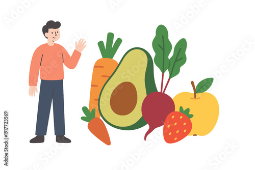 A flat illustration of a man waving next to a collection of healthy foods including a large avocado, carrots, a beetroot, a strawberry, and a yellow apple on a black background.