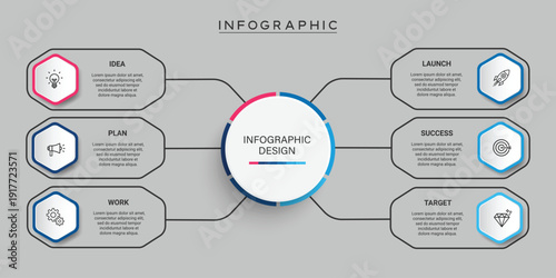 Hexagonal 6 Steps Business Flowchart Template with Central Circular Core