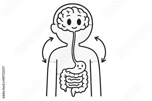 Foto A black and white line art illustration showing a human silhouette with a smiling brain connected to a smiling stomach and intestines, representing the gut-brain axis connection
