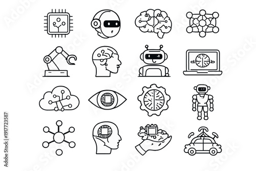 A collection of sixteen white line-art icons on a black background representing artificial intelligence, robotics, machine learning, and advanced technology concepts for digital design.
