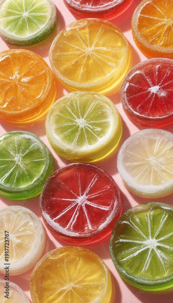 Obraz premium A close up view shows a tempting pile of colorful fruit slice candies coated in sparkling sugar crystals. Red, yellow, orange, and green jelly sweets create a vibrant display, ready to enjoy