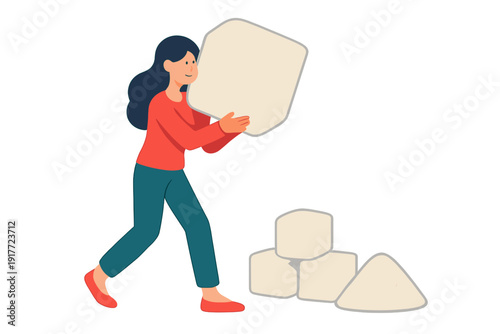 A cartoon woman with blue hair carries a massive sugar cube towards a stack of smaller cubes and a pile of granulated sugar. The illustration uses a flat design style.