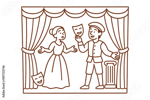 A line drawing of two actors performing on a stage with curtains. A man holds a theatrical mask while a woman in a long dress gestures. A second mask lies on the floor nearby.