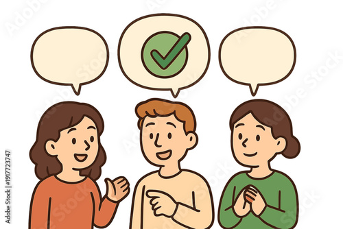 A group of three illustrated people engage in a discussion. The central figure has a green checkmark in a speech bubble, symbolizing agreement or a positive response to the others.