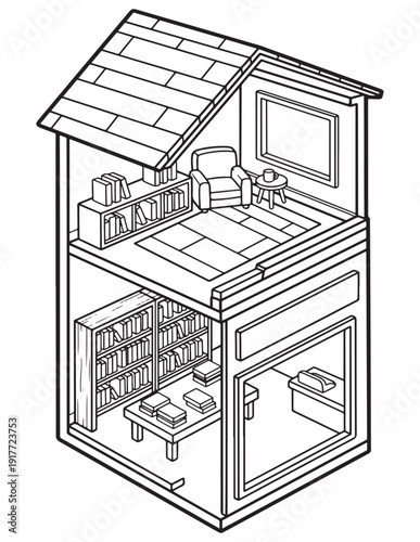 Isometric line art drawing of a two-story bookstore with cozy reading nook upstairs