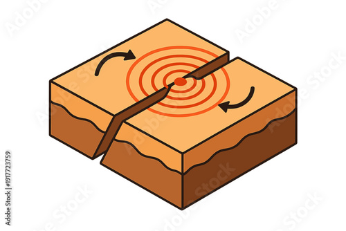 An isometric diagram depicting an earthquake epicenter along a fault line, showing seismic waves and tectonic plate movement with directional arrows on a brown earth block.