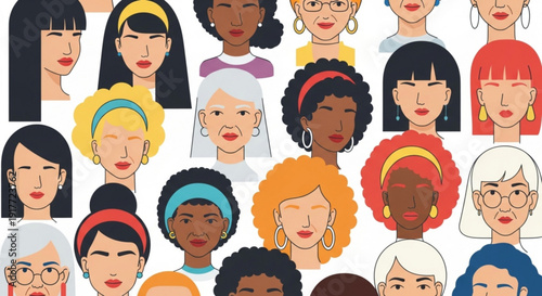 Diverse group of women with different skin tones and hairstyles looking forward on white background