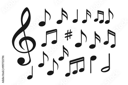 A collection of black musical symbols including a treble clef, sharp sign, and various notes like eighth and sixteenth notes, all arranged on a plain white background.