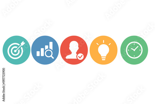 Five colorful circular icons representing business concepts like strategy, analysis, human resources, ideas, and time management are displayed against a solid black background.