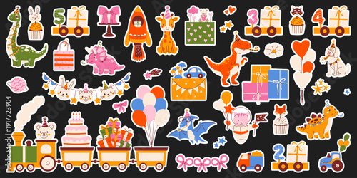 Birthday sticker set for toddlers and preschoolers with dinosaurs, space cat, festive train, gift boxes, balloons. Modern retro flat colorful vector illustration for party planner, decor, scrapbooking