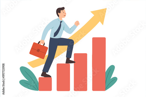 A businessman carrying a briefcase climbs up a rising bar chart towards a large upward-pointing arrow, symbolizing career growth, financial success, and professional achievement in a flat style.