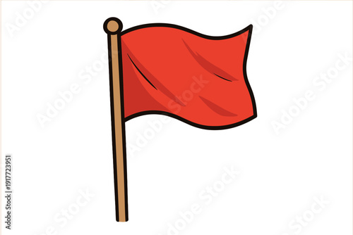 A red flag attached to a wooden pole is waving against a solid black background. This simple illustration features bold outlines and a vibrant red color for the fabric.