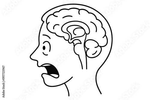 A minimalist black and white line art illustration of a human head in profile with a visible brain. The character has a shocked expression with wide eyes and an open mouth.