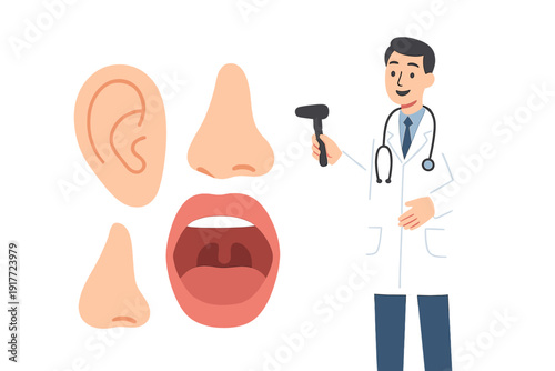 This medical illustration features a male doctor holding a reflex hammer alongside anatomical diagrams of an ear, nose, and throat, representing an otolaryngology checkup.
