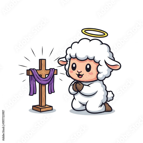 A cute cartoon sheep with a halo and a golden crown standing next to a cross