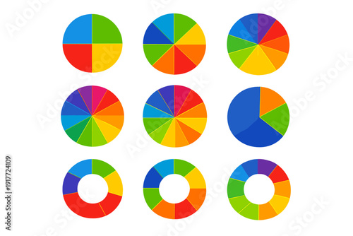 A collection of nine colorful circular diagrams including pie charts and donut charts arranged in a grid on a black background. The graphics feature various segments in rainbow colors.