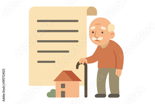 A flat illustration of a senior man leaning on a cane beside a large paper document and a small house icon, depicting concepts of property inheritance, legal planning, and retirement.