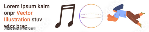 Music, creativity, movement, design, geometric concepts, education. Music note, stylized sphere and figure mid-motion with text. Music and creativity visual concept