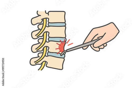 A medical illustration of a human spine with a hand holding a surgical instrument pointing to a red inflamed area on a disc, representing back pain or spinal surgery.