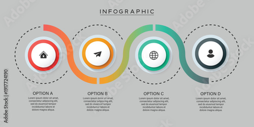 Modern 4 steps timeline infographic template with circular elements and icons