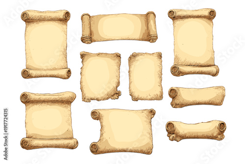 A collection of various vintage parchment scrolls and weathered paper fragments with rolled edges and torn textures, presented in a hand-drawn style on a solid black background.