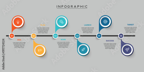 Horizontal timeline infographic with 6 steps and creative pinpoint pointers