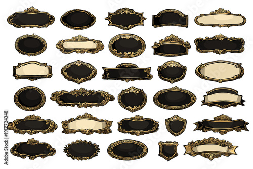 A collection of thirty ornate vintage frames and labels with intricate gold borders on a black background. The set includes various shapes like ovals, rectangles, and banners for design.