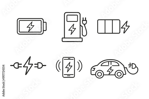 A set of six white line icons on a black background representing electric power and charging concepts, including a battery, charging station, smartphone, and electric vehicle.