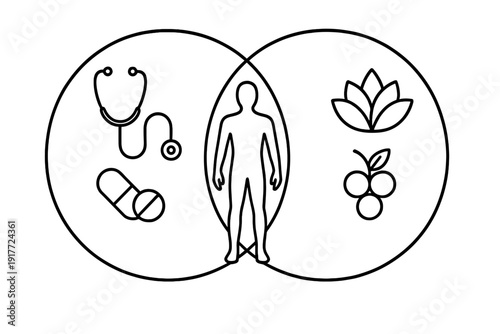 This minimalist illustration features a Venn diagram with medical and natural health icons, placing a human silhouette in the center to represent holistic well-being.