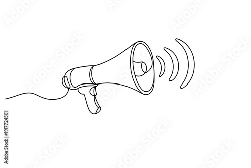 Minimalist continuous line art of a megaphone with sound waves on a black background. The single line drawing symbolizes loud communication, alerts, and public speaking.