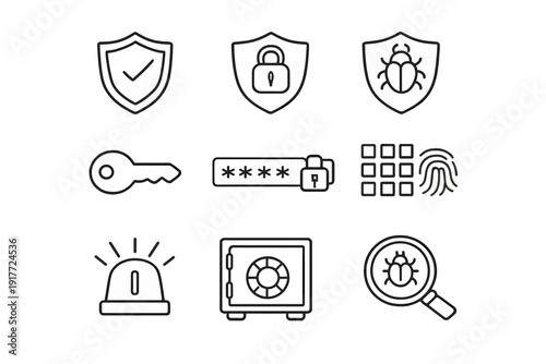 A collection of nine security and cybersecurity icons featuring a shield with a checkmark, a padlock, a bug, a key, a password field, a fingerprint, a siren, a safe, and a magnifying glass.