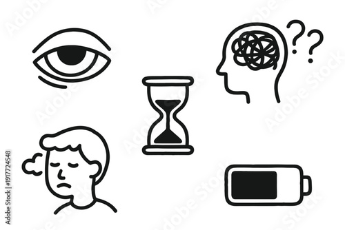 A collection of black line art icons representing mental fatigue, including an eye, a tangled brain with question marks, an hourglass, a tired person, and a low battery symbol.