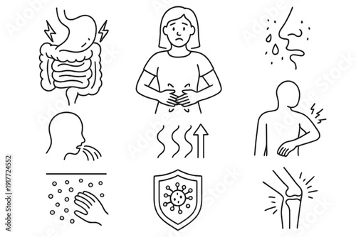 A collection of black and white line art icons illustrating various medical symptoms including abdominal pain, coughing, runny nose, fever, joint pain, and immune system protection.