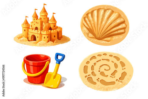 A collection of beach-themed illustrations including a detailed sandcastle, a red bucket with a yellow shovel, a seashell sand mold, and a spiral footprint pattern in the sand.