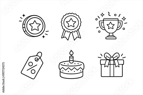 A set of six white line icons on a black background featuring a star badge, award ribbon, trophy, discount price tag, birthday cake with a candle, and a wrapped gift box with a bow.
