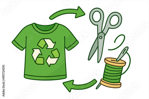 Illustration of a green t-shirt with a recycling symbol, scissors, and a spool of thread with a needle, connected by circular arrows representing sustainable fashion and upcycling.