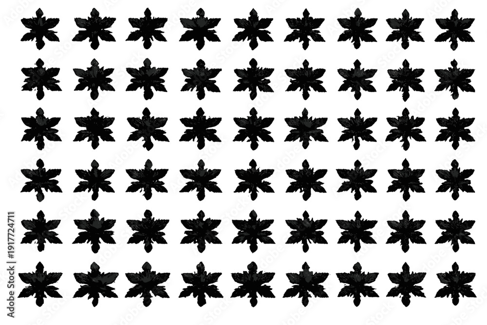 Fototapeta premium A dark monochromatic pattern featuring a grid of stylized black floral motifs arranged symmetrically on a solid black background. The design has a textured, hand-drawn appearance.